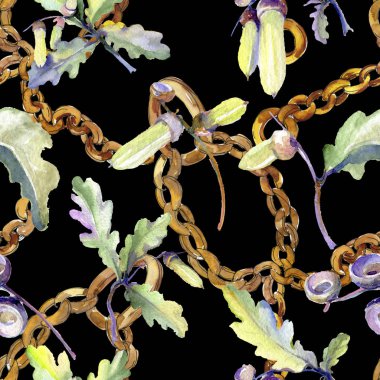 Orman meşe palamudu yeşil yaprak ve fındık. Suluboya arka plan illüstrasyon seti. Kesintisiz arka plan deseni.