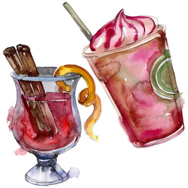 Alkollü bar parti kokteyl içeceği. Suluboya arka plan illüstrasyon seti. İzole içecekler illüstrasyon elemanı.