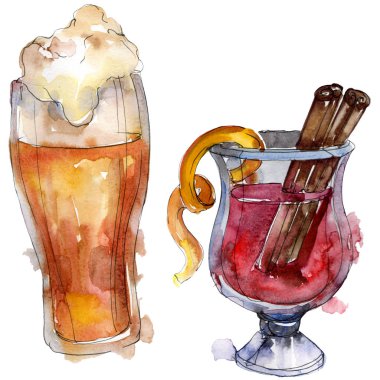 Alkollü bar parti kokteyl içeceği. Suluboya arka plan illüstrasyon seti. İzole içecekler illüstrasyon elemanı.