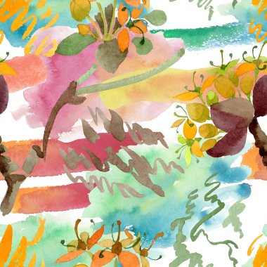 Cornus mas çiçek botanik çiçekler. Suluboya arka plan illüstrasyon seti. Kesintisiz arka plan deseni.