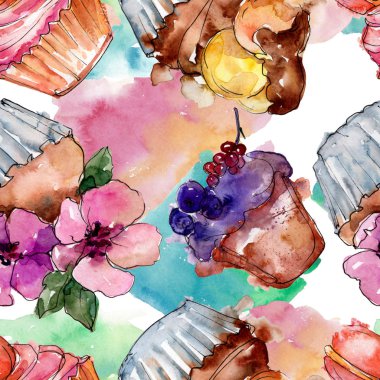 Lezzetli pasta ve çörek suluboya tarzında. Suluboya resim ayarlayın. Sorunsuz arka plan deseni.