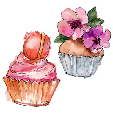 Suluboya tarzında lezzetli cupcake. Arka plan çizim seti. Suluboya çizim moda aquarelle izole.