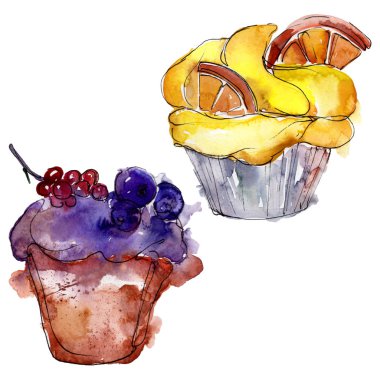 Suluboya tarzında lezzetli cupcake. Arka plan çizim seti. Suluboya çizim moda aquarelle izole.