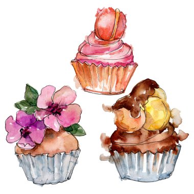 Suluboya tarzında lezzetli cupcake. Arka plan çizim seti. Suluboya çizim moda aquarelle izole.