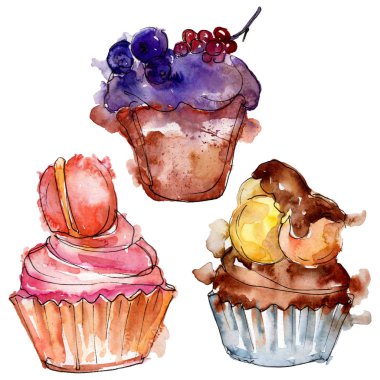 Suluboya tarzında lezzetli cupcake. Arka plan çizim seti. Suluboya çizim moda aquarelle izole.