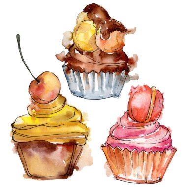 Suluboya tarzında lezzetli cupcake. Arka plan çizim seti. Suluboya çizim moda aquarelle izole.