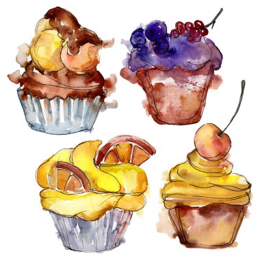 Suluboya tarzında lezzetli cupcake. Arka plan çizim seti. Suluboya çizim moda aquarelle izole.