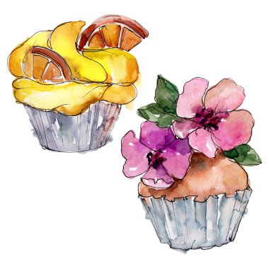 Suluboya tarzında lezzetli cupcake. Arka plan çizim seti. Suluboya çizim moda aquarelle izole.