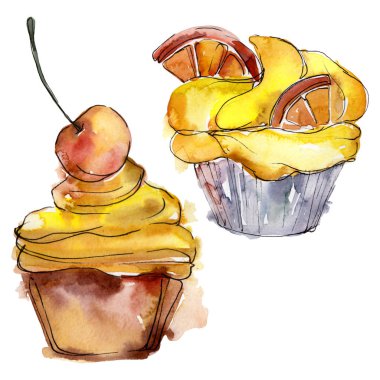 Suluboya tarzında lezzetli cupcake. Arka plan çizim seti. Suluboya çizim moda aquarelle izole.