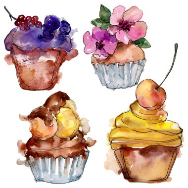 Suluboya tarzında lezzetli cupcake. Arka plan çizim seti. Suluboya çizim moda aquarelle izole.