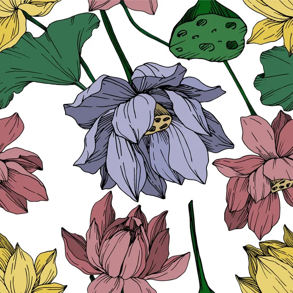 Vektör Lotus çiçek botanik çiçekler. Siyah ve beyaz oyulmuş mürekkep sanatı. Kesintisiz arka plan deseni.