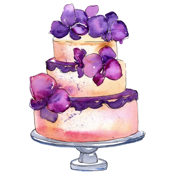 Velsmagende kage med frugter i en akvarel stil isoleret. Aquarelle sød dessert Akvarel tegning mode akvarel - Stock-foto
