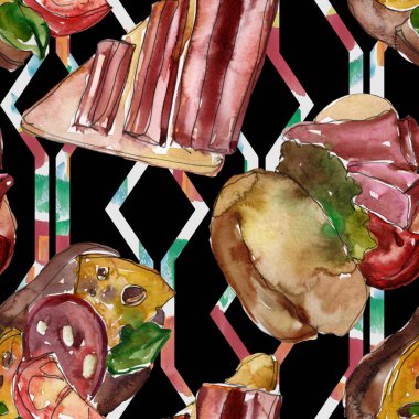 Sandviç lezzetli fast food. Suluboya arka plan illüstrasyon seti. Kesintisiz arka plan deseni.