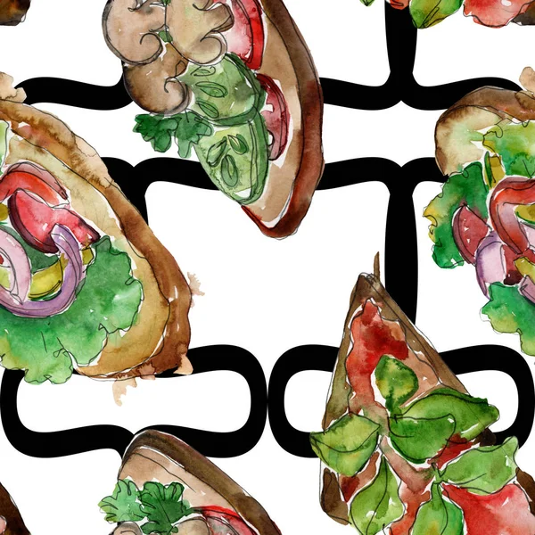 Sandwich savoureux fast food. Ensemble d'illustration de fond aquarelle. Modèle de fond sans couture . — Photo