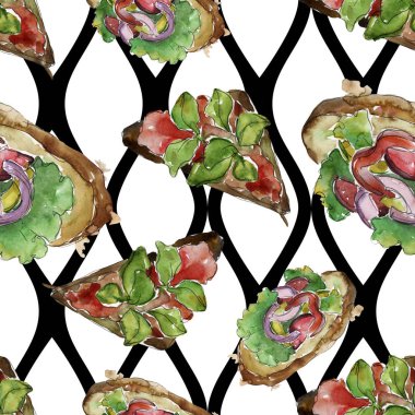 Sandviç lezzetli fast food. Suluboya arka plan illüstrasyon seti. Kesintisiz arka plan deseni.