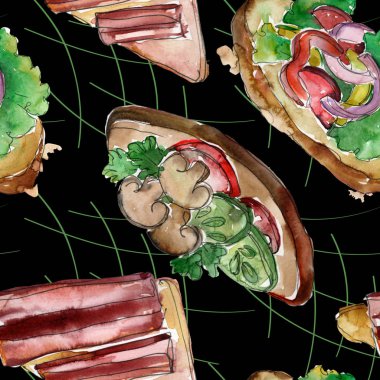 Sandviç lezzetli fast food. Suluboya arka plan illüstrasyon seti. Kesintisiz arka plan deseni.