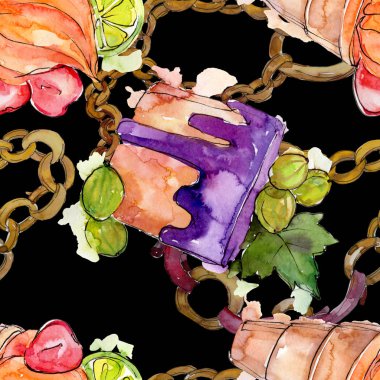 Lezzetli dondurma koni tatlı tatlısı. Suluboya arka plan illüstrasyon seti. Kesintisiz arka plan deseni.