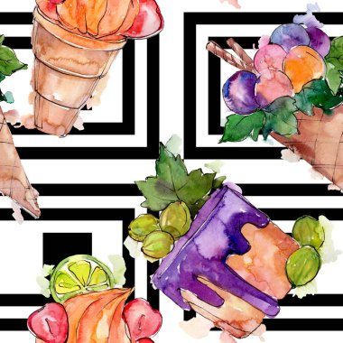 Lezzetli dondurma koni tatlı tatlısı. Suluboya arka plan illüstrasyon seti. Kesintisiz arka plan deseni.