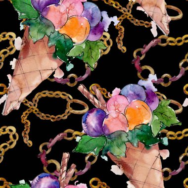 Lezzetli dondurma koni tatlı tatlısı. Suluboya arka plan illüstrasyon seti. Kesintisiz arka plan deseni.