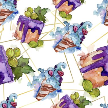 Lezzetli dondurma koni tatlı tatlısı. Suluboya arka plan illüstrasyon seti. Kesintisiz arka plan deseni.