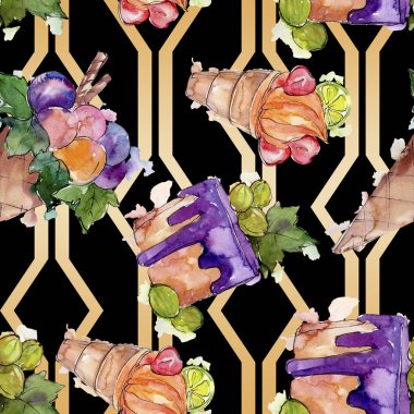 Lezzetli dondurma koni tatlı tatlısı. Suluboya arka plan illüstrasyon seti. Kesintisiz arka plan deseni.