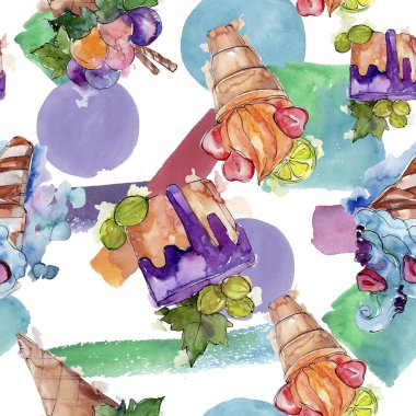 Lezzetli dondurma koni tatlı tatlısı. Suluboya arka plan illüstrasyon seti. Kesintisiz arka plan deseni.