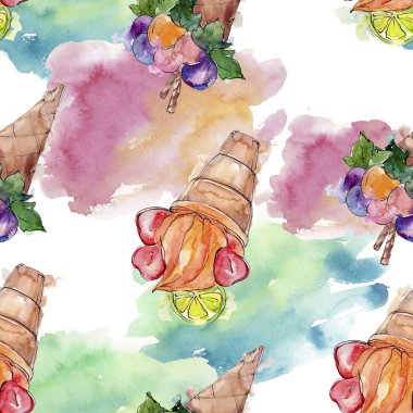 Lezzetli dondurma koni tatlı tatlısı. Suluboya arka plan illüstrasyon seti. Kesintisiz arka plan deseni.