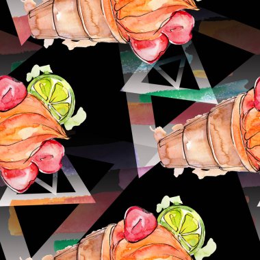 Lezzetli dondurma koni tatlı tatlısı. Suluboya arka plan illüstrasyon seti. Kesintisiz arka plan deseni.