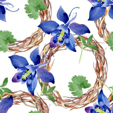 Mavi aquilegia çiçek botanik çiçekler. Suluboya arka plan illüstrasyon seti. Kesintisiz arka plan deseni.