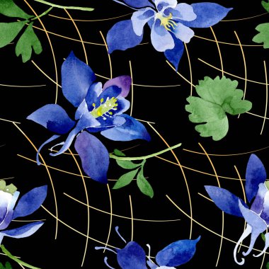 Mavi aquilegia çiçek botanik çiçekler. Suluboya arka plan illüstrasyon seti. Kesintisiz arka plan deseni.