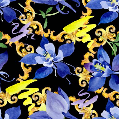 Mavi aquilegia çiçek botanik çiçekler. Suluboya arka plan illüstrasyon seti. Kesintisiz arka plan deseni.