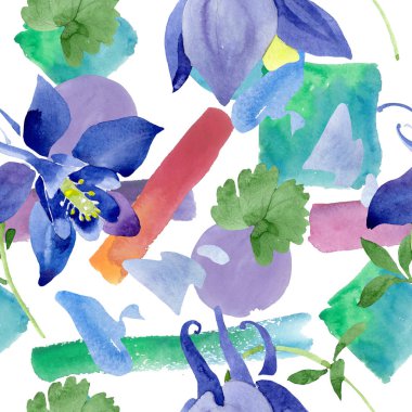 Mavi aquilegia çiçek botanik çiçekler. Suluboya arka plan illüstrasyon seti. Kesintisiz arka plan deseni.
