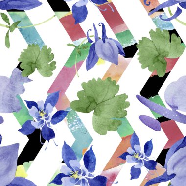 Mavi aquilegia çiçek botanik çiçekler. Suluboya arka plan illüstrasyon seti. Kesintisiz arka plan deseni.