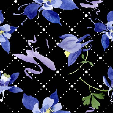 Mavi aquilegia çiçek botanik çiçekler. Suluboya arka plan illüstrasyon seti. Kesintisiz arka plan deseni.
