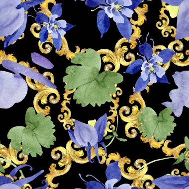 Mavi aquilegia çiçek botanik çiçekler. Suluboya arka plan illüstrasyon seti. Kesintisiz arka plan deseni.