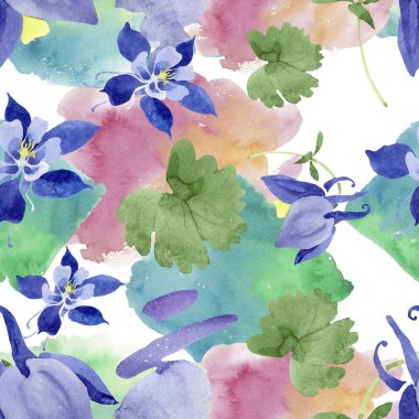 Mavi aquilegia çiçek botanik çiçekler. Suluboya arka plan illüstrasyon seti. Kesintisiz arka plan deseni.