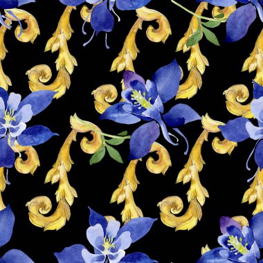 Mavi aquilegia çiçek botanik çiçekler. Suluboya arka plan illüstrasyon seti. Kesintisiz arka plan deseni.