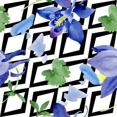 Mavi aquilegia çiçek botanik çiçekler. Suluboya arka plan illüstrasyon seti. Kesintisiz arka plan deseni.