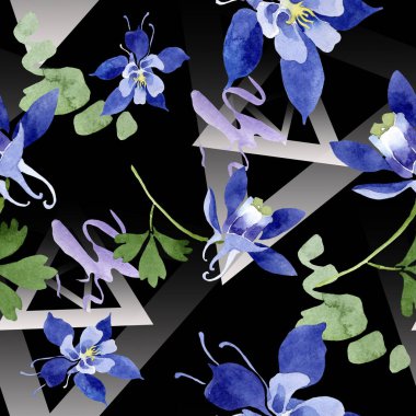 Mavi aquilegia çiçek botanik çiçekler. Suluboya arka plan illüstrasyon seti. Kesintisiz arka plan deseni.