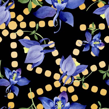 Mavi aquilegia çiçek botanik çiçekler. Suluboya arka plan illüstrasyon seti. Kesintisiz arka plan deseni.