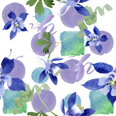 Mavi aquilegia çiçek botanik çiçekler. Suluboya arka plan illüstrasyon seti. Kesintisiz arka plan deseni.