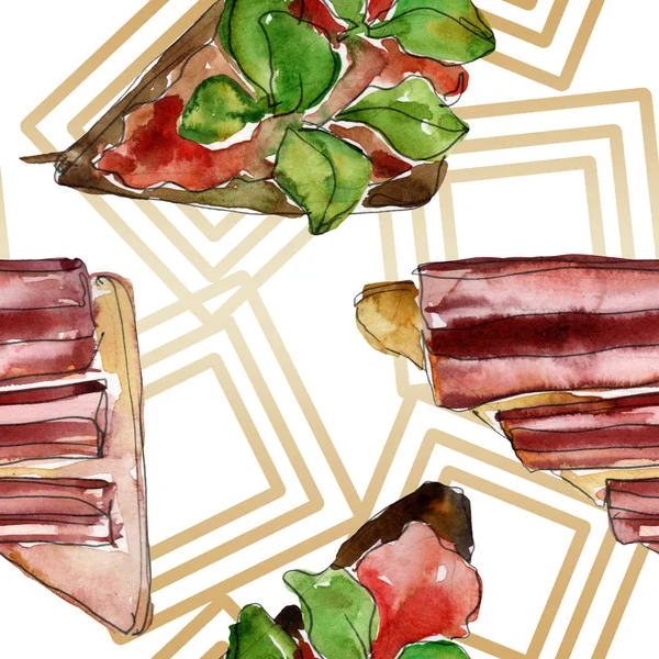 Sandwich tasty fast food. Watercolor background illustration set. Seamless background pattern. — Stock Photo, Image