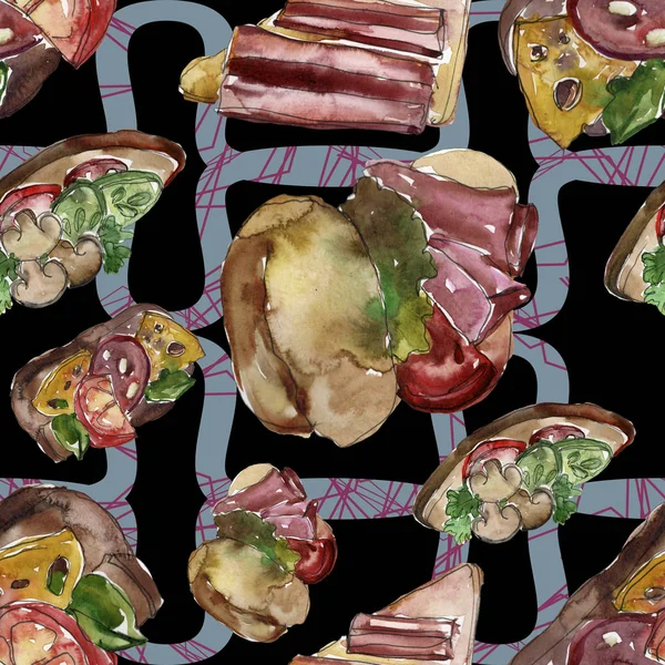 Sandwich tasty fast food. Watercolor background illustration set. Seamless background pattern. — Stock Photo, Image