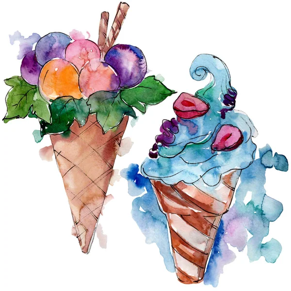 Sabroso helado cono dulce postre. Conjunto de ilustración de fondo acuarela. Elemento ilustrativo postres aislados . —  Fotos de Stock