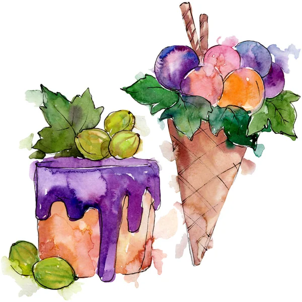 Leckeres Dessert aus Eistüten. Aquarell Hintergrundillustration Set. isolierte Desserts Illustrationselement. — Stockfoto