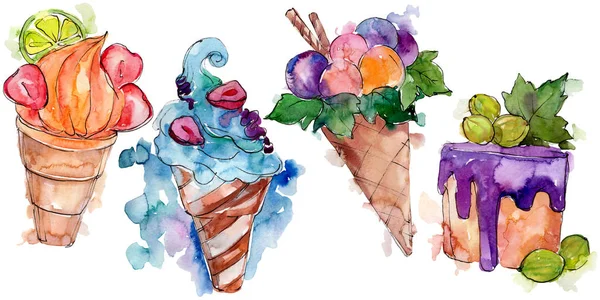 Savoureux dessert sucré au cône de crème glacée. Ensemble d'illustration de fond aquarelle. Desserts isolés élément d'illustration . — Photo