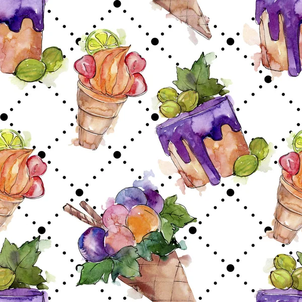 Tasty ice cream cone sweet dessert. Watercolor background illustration set. Seamless background pattern. — Stock Photo, Image