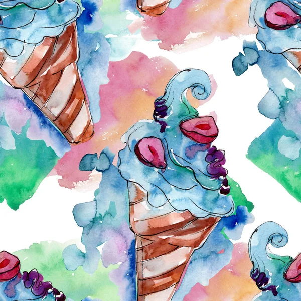 Tasty ice cream cone sweet dessert. Watercolor background illustration set. Seamless background pattern. — Stock Photo, Image