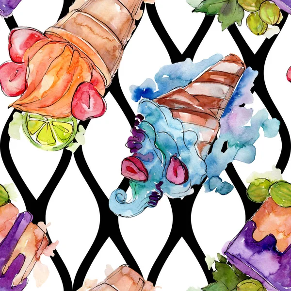 Savoureux dessert sucré au cône de crème glacée. Ensemble d'illustration de fond aquarelle. Modèle de fond sans couture . — Photo