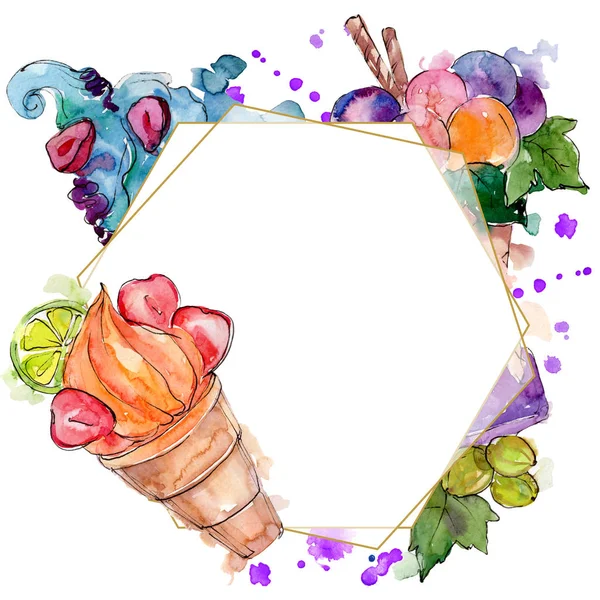 Savoureux dessert sucré au cône de crème glacée. Ensemble d'illustration de fond aquarelle. Cadre bordure ornement carré . — Photo
